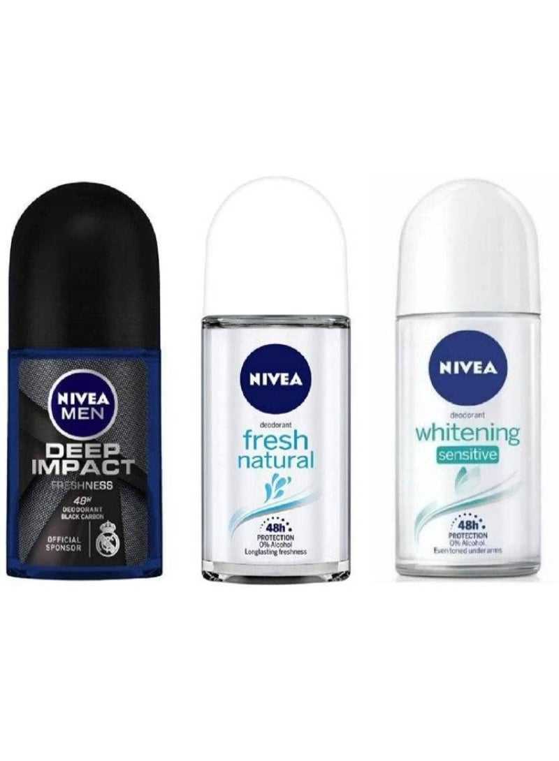 NIVEA Deodorant Roll-On Combo, Deep Impact, Fresh Natural, Whitening Sensitive, 50 Ml Each Deodorant Roll-on - For Men & Women (150 ml, Pack of 3) - Image 1